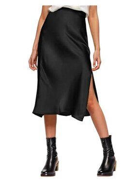 Womens Satin Silk Midi Skirt High Waist Slit Elastic Waistband Pull On